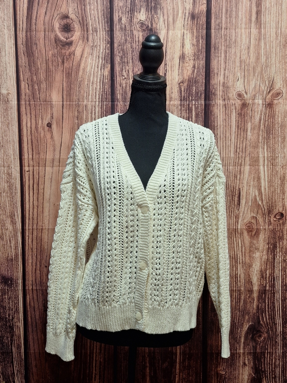 Sundance Cream Open-Knit V-Neck Button Cardigan Size Xxl